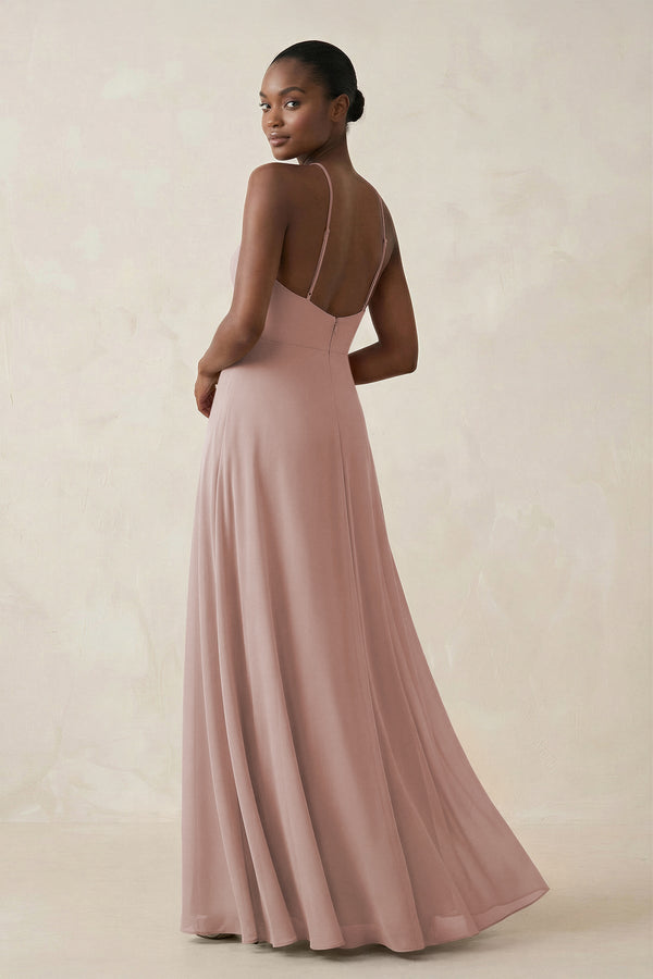 Sheath Halter Chiffon Bridesmaid Dress with Slit in Toffee - KissProm Bridesmaid Dresses