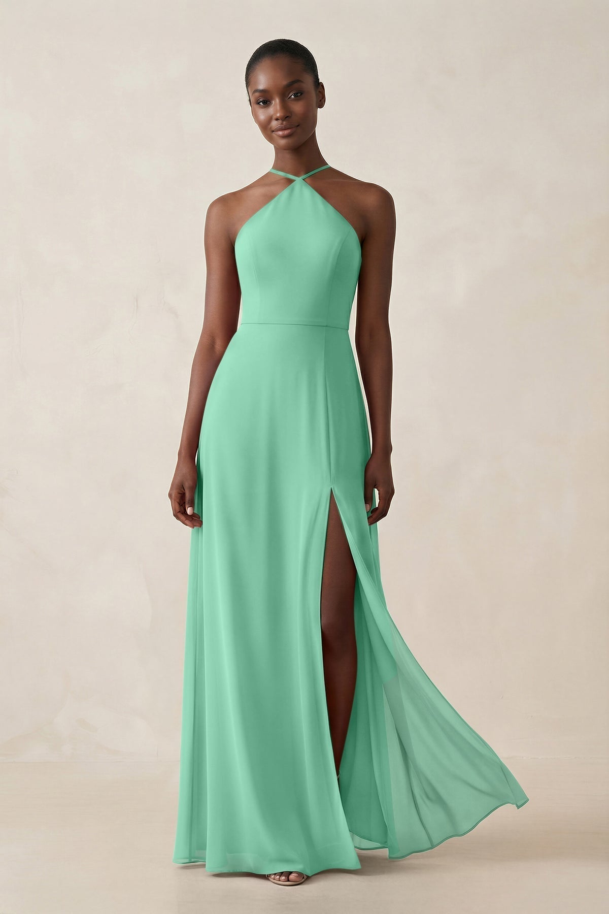 KissProm Sheath Halter Chiffon Bridesmaid Dress with Slit in Turquoise, Turquoise / Custom Size( Free )