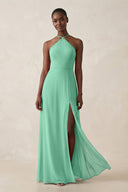 Sheath Halter Chiffon Bridesmaid Dress with Slit in Turquoise - KissProm Bridesmaid Dresses
