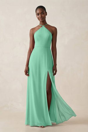 Sheath Halter Chiffon Bridesmaid Dress with Slit in Turquoise - KissProm Bridesmaid Dresses