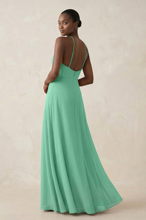 Sheath Halter Chiffon Bridesmaid Dress with Slit in Turquoise - KissProm Bridesmaid Dresses