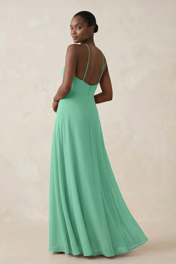 Sheath Halter Chiffon Bridesmaid Dress with Slit in Turquoise - KissProm Bridesmaid Dresses