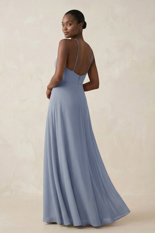 Sheath Halter Chiffon Bridesmaid Dress with Slit in Twilight - KissProm Bridesmaid Dresses