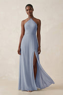Sheath Halter Chiffon Bridesmaid Dress with Slit in Twilight - KissProm Bridesmaid Dresses