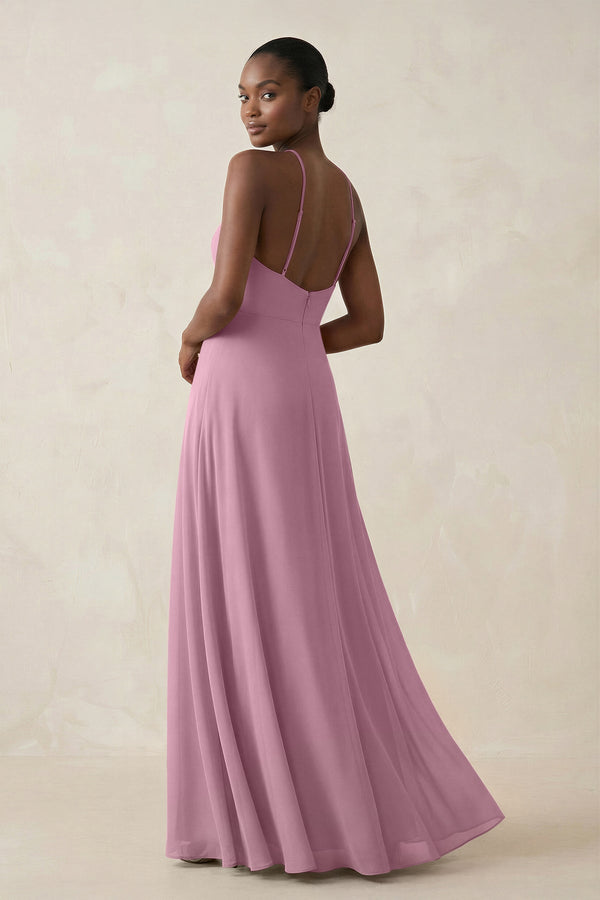 Sheath Halter Chiffon Bridesmaid Dress with Slit in Vintage Mauve - KissProm Bridesmaid Dresses