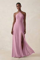 Sheath Halter Chiffon Bridesmaid Dress with Slit in Vintage Mauve - KissProm Bridesmaid Dresses