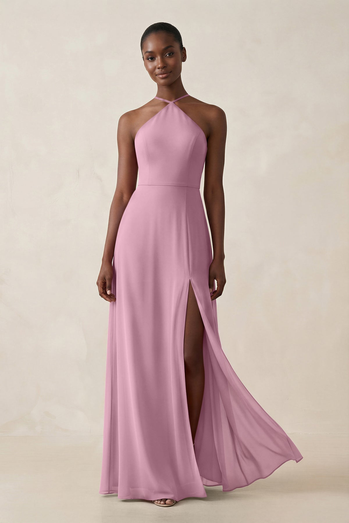 KissProm Sheath Halter Chiffon Bridesmaid Dress with Slit in Vintage Mauve, Vintage Mauve / 16