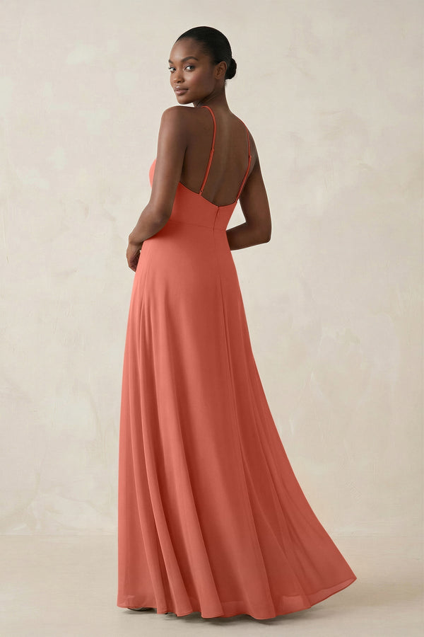 Sheath Halter Chiffon Bridesmaid Dress with Slit in Wild Rose - KissProm Bridesmaid Dresses