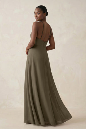 Sheath Halter Chiffon Bridesmaid Dress with Slit in Willow Green - KissProm Bridesmaid Dresses