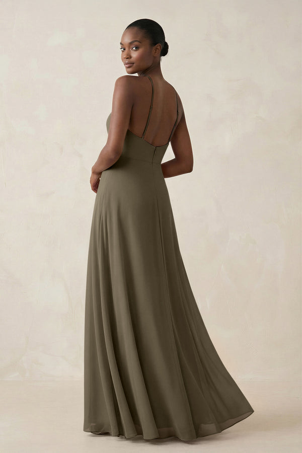 Sheath Halter Chiffon Bridesmaid Dress with Slit in Willow Green - KissProm Bridesmaid Dresses