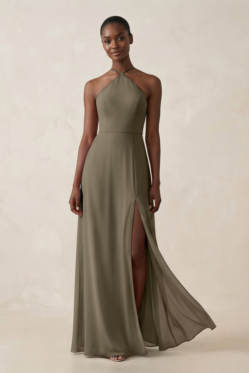 Sheath Halter Chiffon Bridesmaid Dress with Slit in Willow Green - KissProm Bridesmaid Dresses