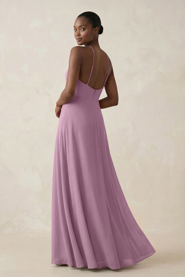 Sheath Halter Chiffon Bridesmaid Dress with Slit in Wisteria - KissProm Bridesmaid Dresses