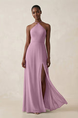 Sheath Halter Chiffon Bridesmaid Dress with Slit in Wisteria - KissProm Bridesmaid Dresses