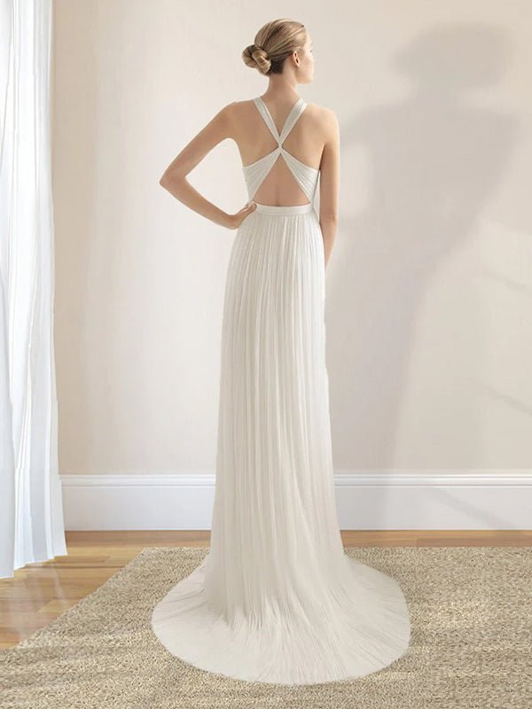 Sheath Halter Chiffon Plaited Dress With Special Back Design - KissProm