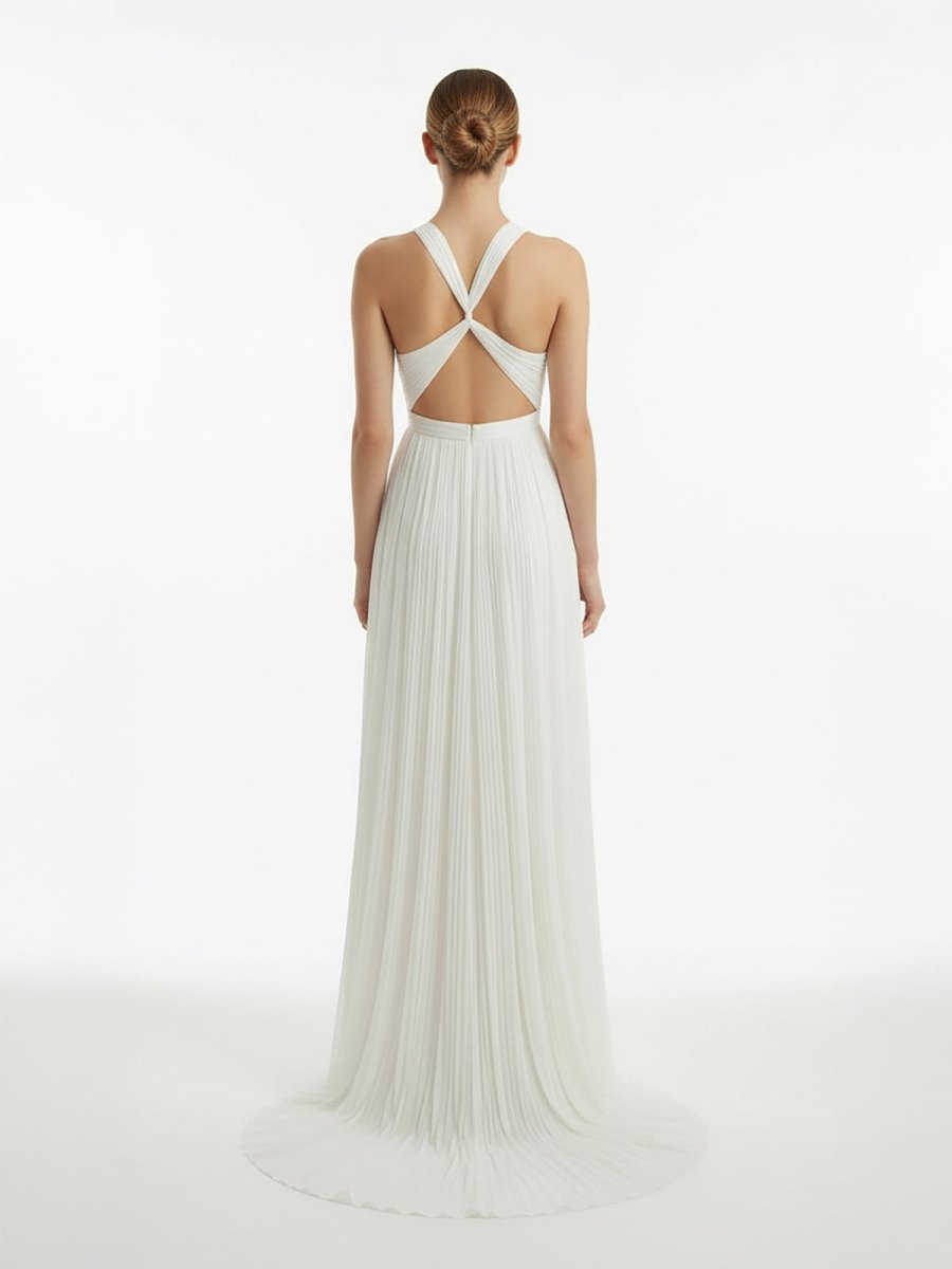 Sheath Halter Chiffon Plaited Dress With Special Back Design - KissProm