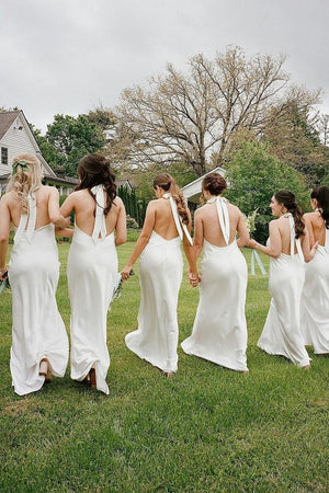 Sheath Halter White Silk Satin Long Bridesmaid Dresses White / 12