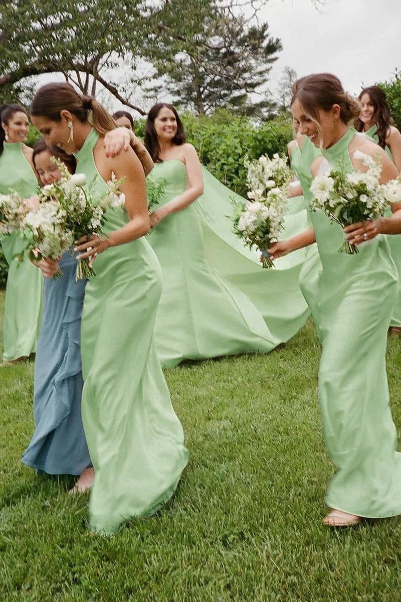 Sheath Halter White Silk Satin Long Bridesmaid Dresses, White / 12