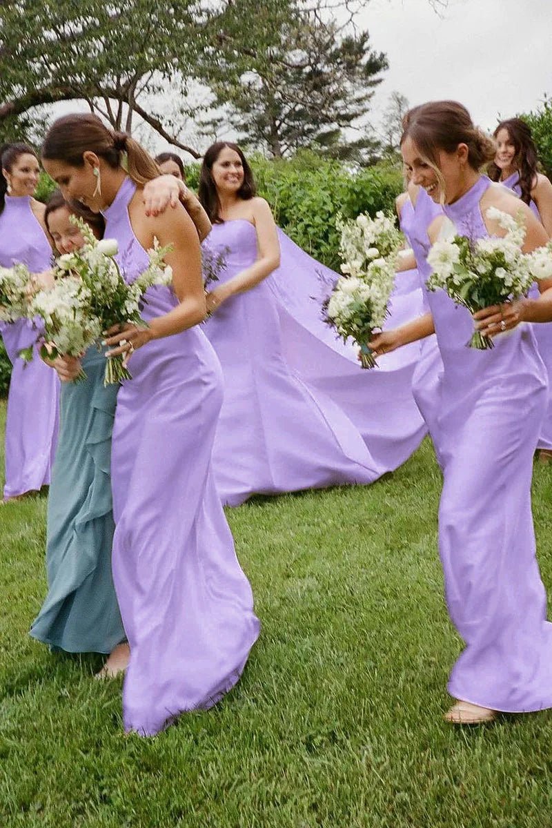Sheath Halter White Silk Satin Long Bridesmaid Dresses, White / 12