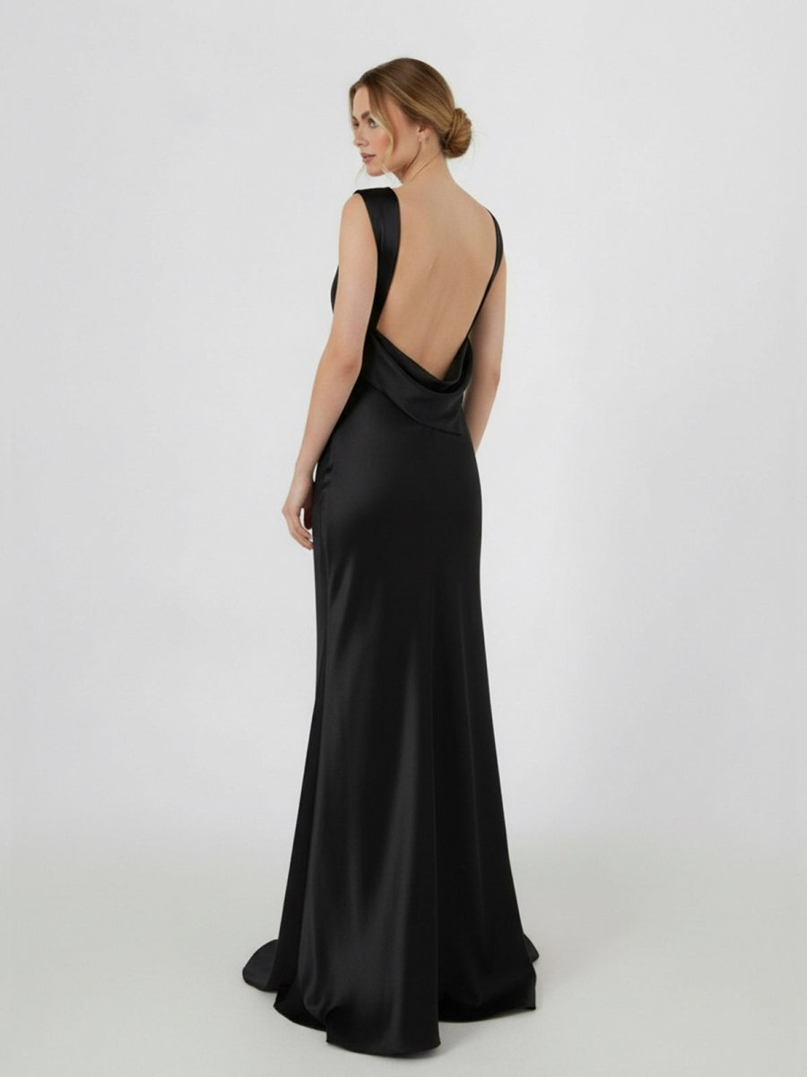 KissProm Sheath High Bateau Neck Backless Silk Satin Wedding Dress, Black / 10