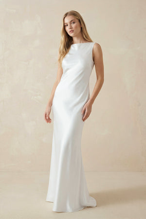 Sheath High Bateau Neck Backless Silk Satin Wedding Dress – Wedding Dresses by KissProm | Available at KissProm