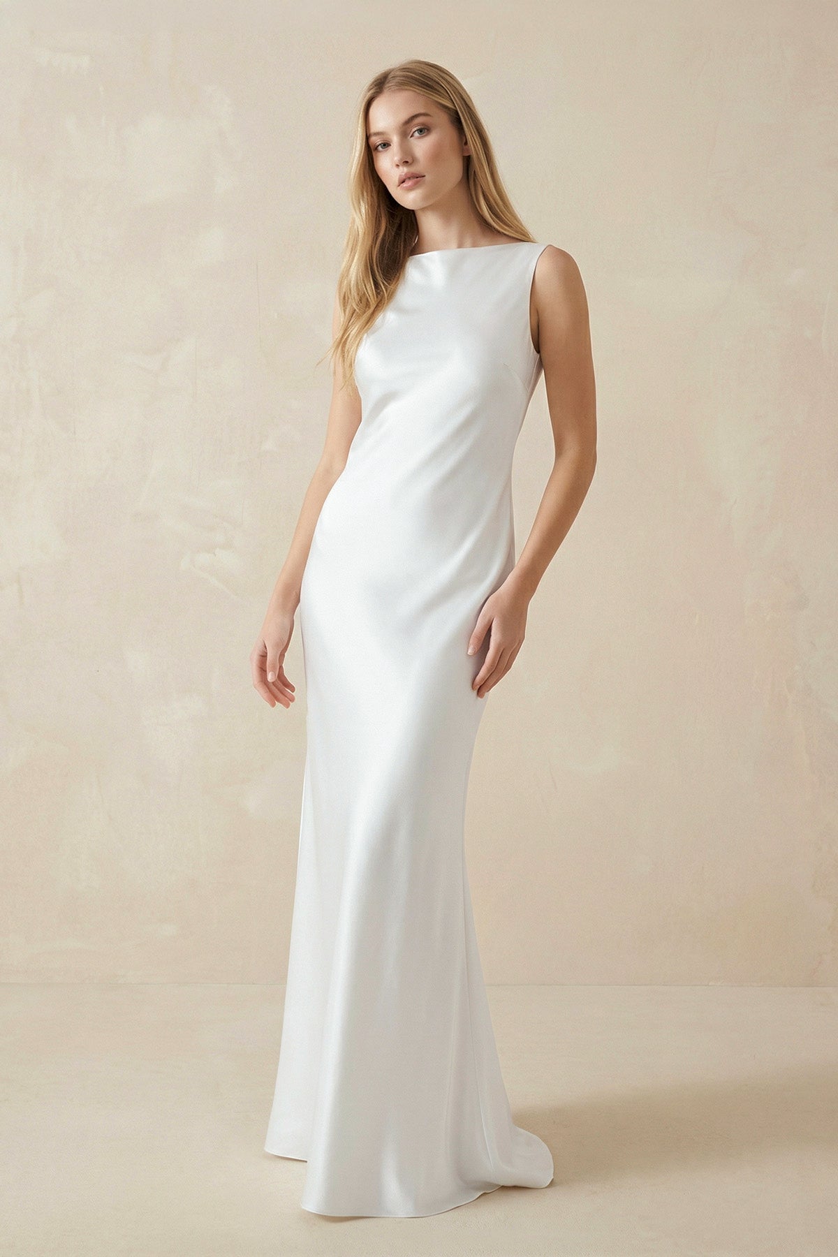 KissProm Sheath High Bateau Neck Backless Silk Satin Wedding Dress, Diamond White / 0
