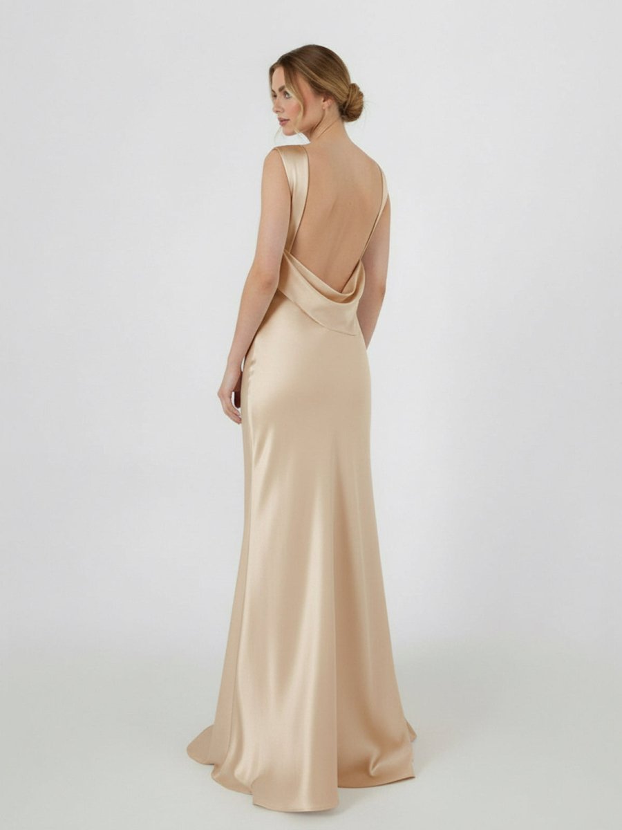 Sheath High Bateau Neck Backless Silk Satin Wedding Dress - KissProm