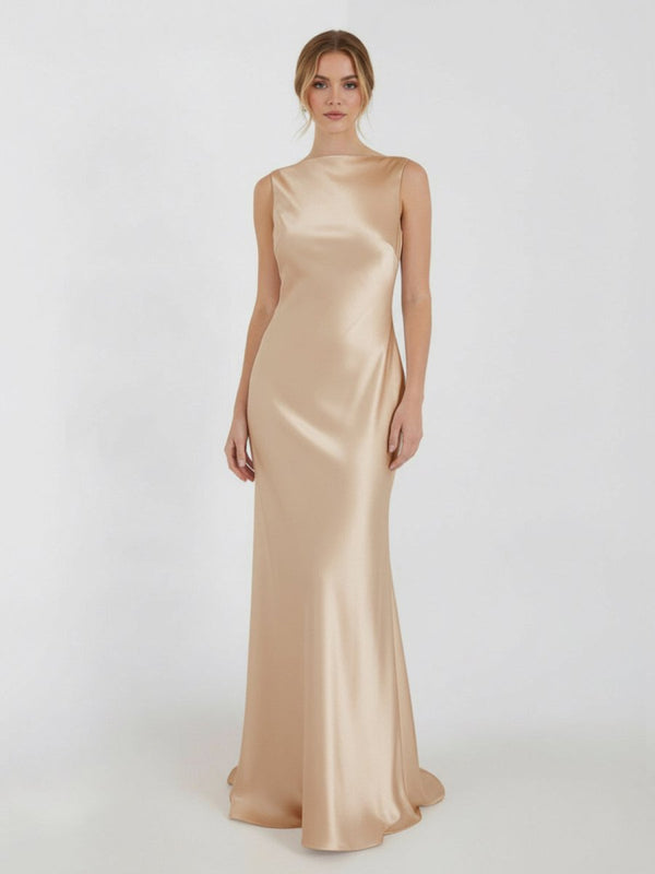 Sheath High Bateau Neck Backless Silk Satin Wedding Dress – Wedding Dresses by KissProm | Available at KissProm