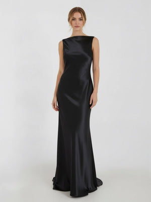 Sheath High Bateau Neck Backless Silk Satin Wedding Dress – Wedding Dresses by KissProm | Available at KissProm