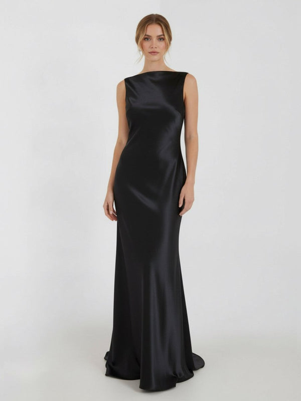 Sheath High Bateau Neck Backless Silk Satin Wedding Dress – Wedding Dresses by KissProm | Available at KissProm
