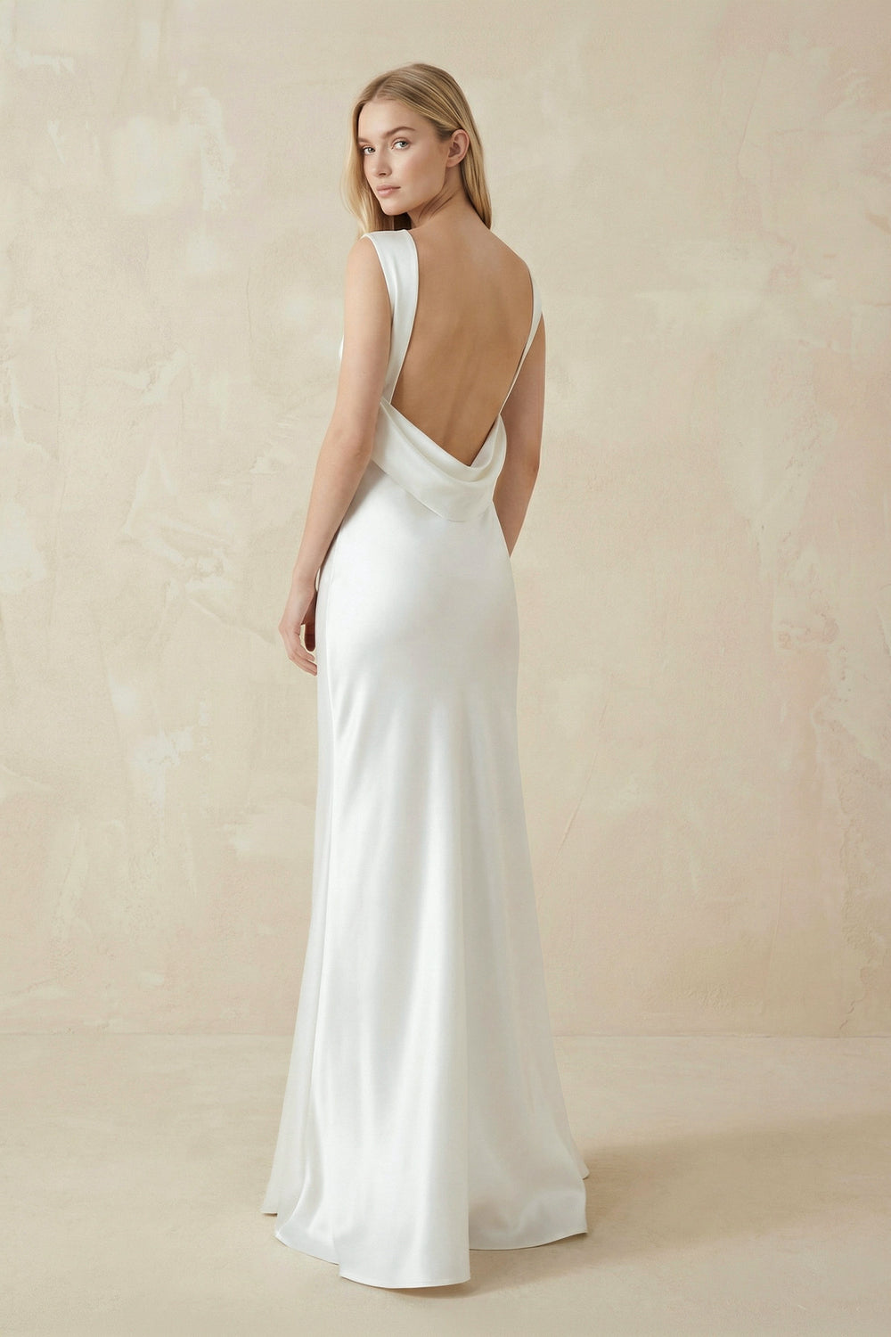 Sheath High Bateau Neck Backless Silk Satin Wedding Dress – Wedding Dresses by KissProm | Available at KissProm
