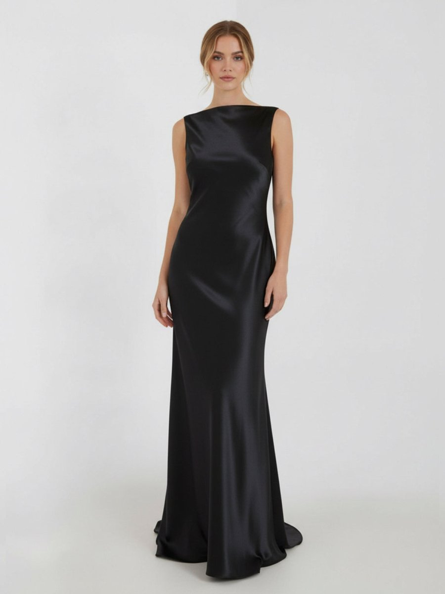 Sheath High Bateau Neck Backless Silk Satin Wedding Dress - KissProm