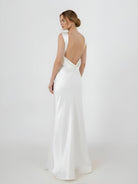 Sheath High Bateau Neck Backless Silk Satin Wedding Dress - KissProm