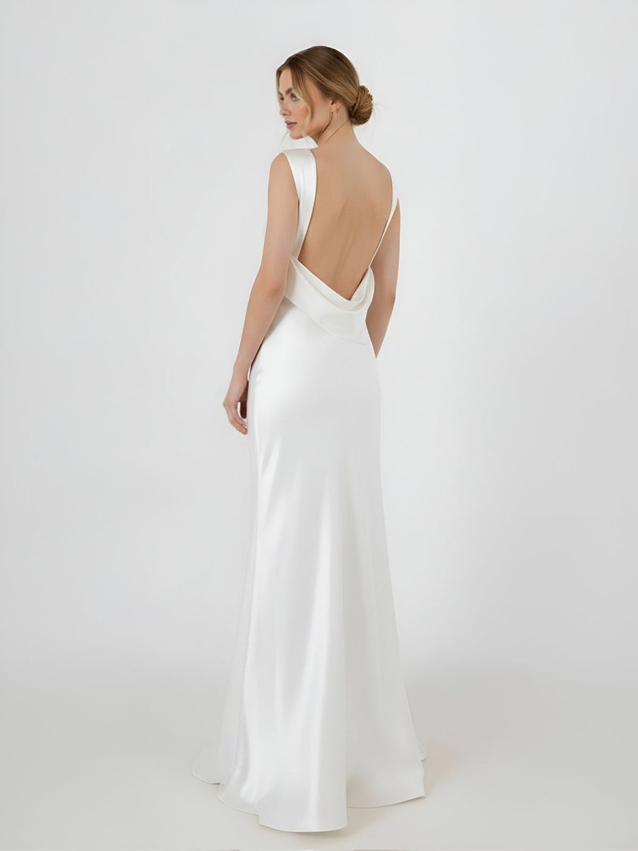 Sheath High Bateau Neck Backless Silk Satin Wedding Dress - KissProm