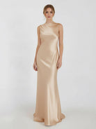 Sheath High Bateau Neck Backless Silk Satin Wedding Dress - KissProm