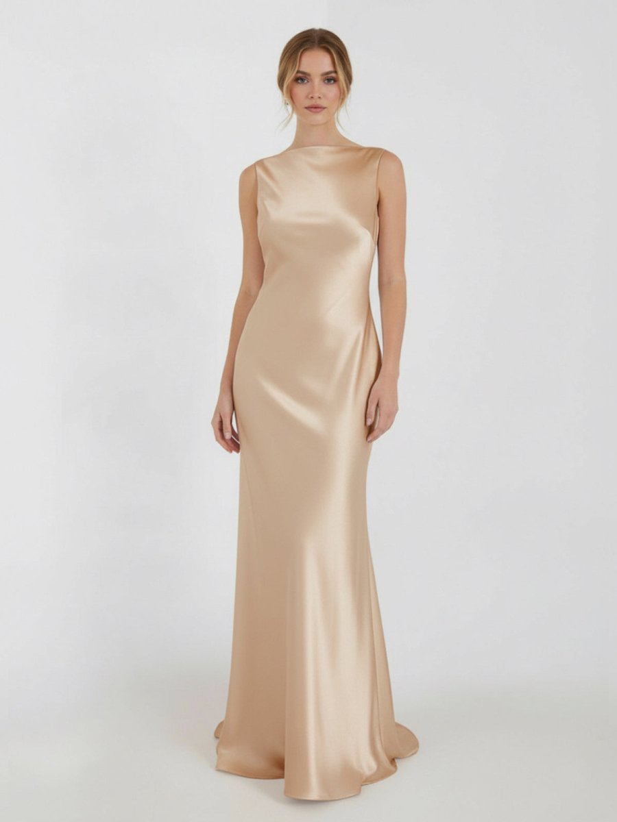 Sheath High Bateau Neck Backless Silk Satin Wedding Dress - KissProm