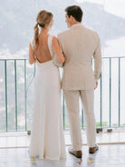 Sheath High Bateau Neck Backless Silk Satin Wedding Dress - KissProm