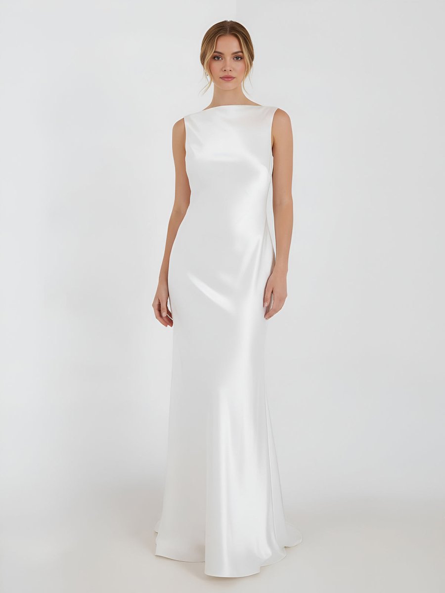 Sheath High Bateau Neck Backless Silk Satin Wedding Dress - KissProm