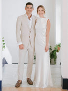 Sheath High Bateau Neck Backless Silk Satin Wedding Dress - KissProm