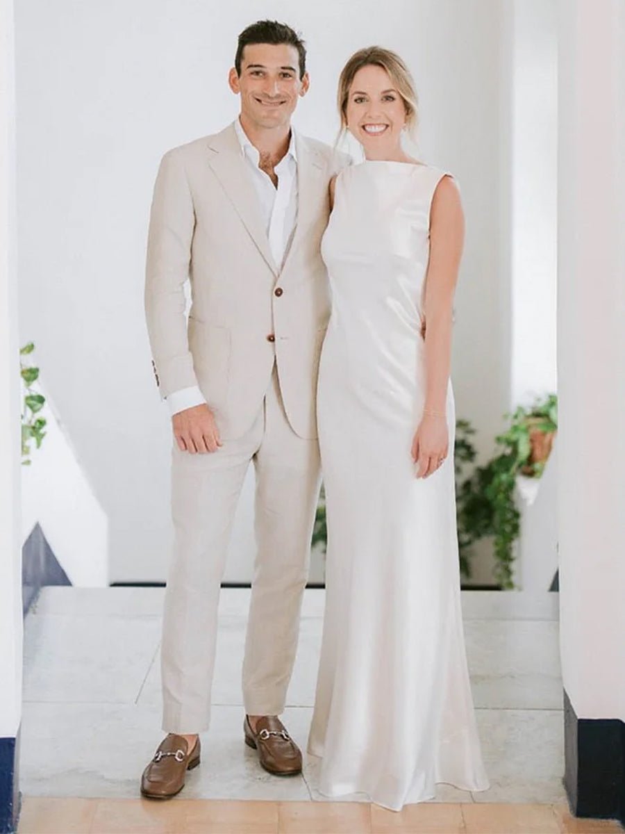 Sheath High Bateau Neck Backless Silk Satin Wedding Dress - KissProm