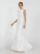 Sheath High Bateau Neck Backless Silk Satin Wedding Dress - KissProm