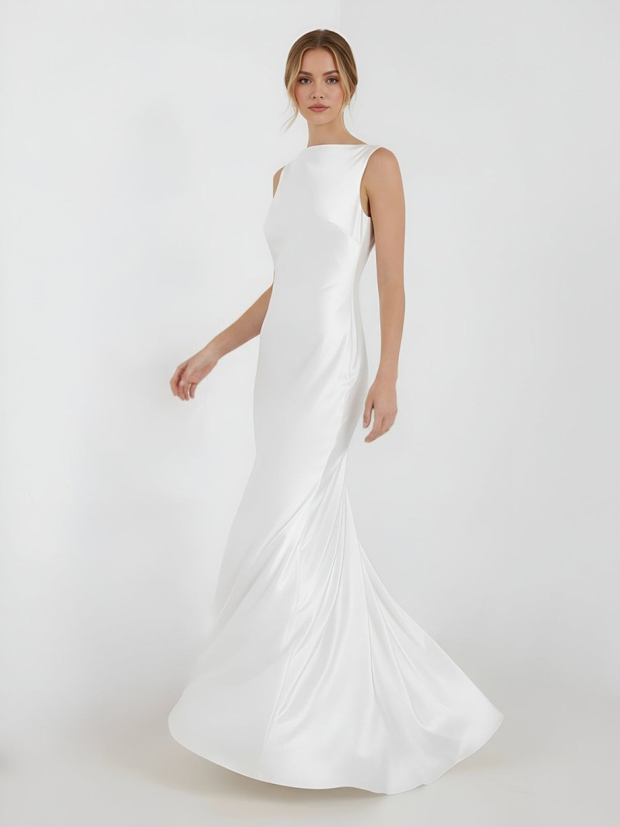 Sheath High Bateau Neck Backless Silk Satin Wedding Dress - KissProm