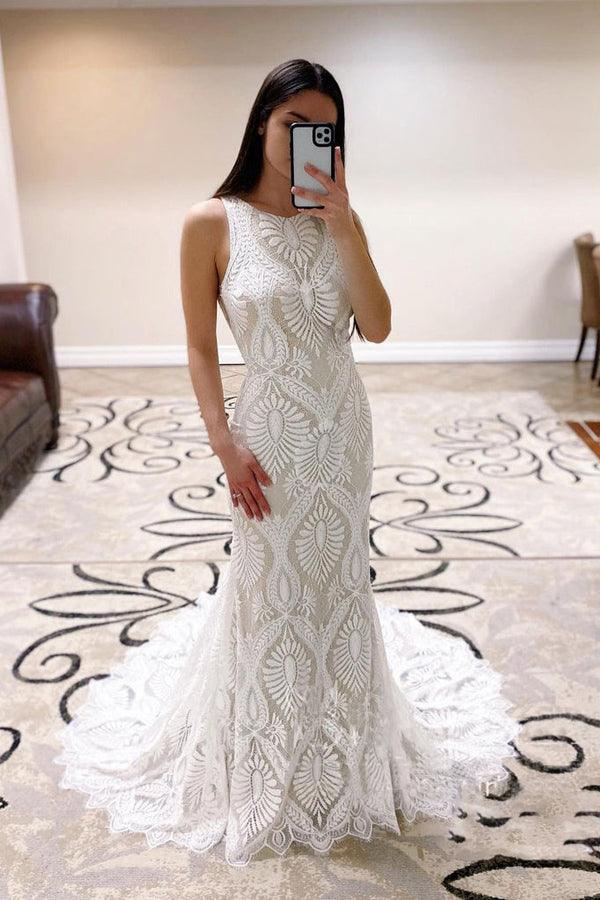 Mermaid Lace Wedding Dress open Back Bridal Dress With Court Train