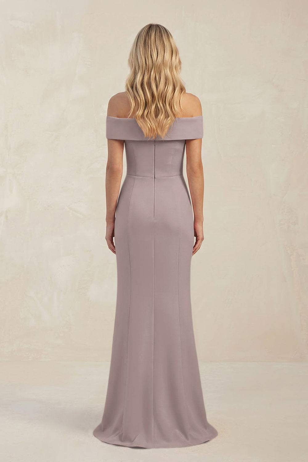Sheath Off - the - Shoulder Satin Bridesmaid Dress With Slit in Almond - KissProm Bridesmaid Dresses