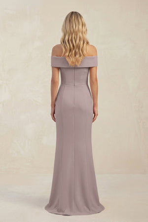 Sheath Off - the - Shoulder Satin Bridesmaid Dress With Slit in Almond - KissProm Bridesmaid Dresses