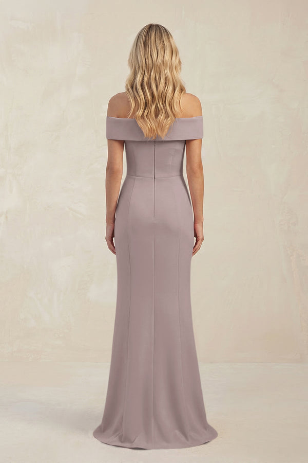 Sheath Off - the - Shoulder Satin Bridesmaid Dress With Slit in Almond - KissProm Bridesmaid Dresses