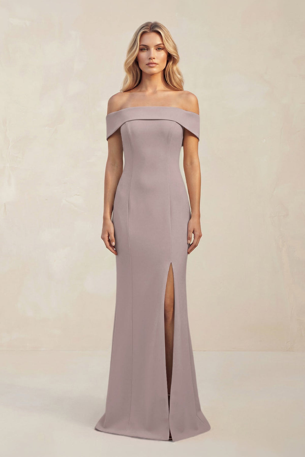 Sheath Off - the - Shoulder Satin Bridesmaid Dress With Slit in Almond - KissProm Bridesmaid Dresses
