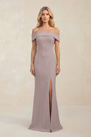 Sheath Off - the - Shoulder Satin Bridesmaid Dress With Slit in Almond - KissProm Bridesmaid Dresses