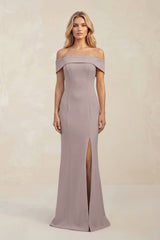 Sheath Off - the - Shoulder Satin Bridesmaid Dress With Slit in Almond - KissProm Bridesmaid Dresses