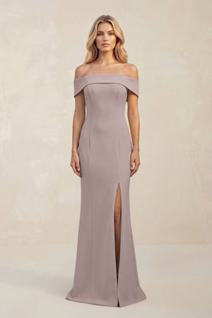 Sheath Off - the - Shoulder Satin Bridesmaid Dress With Slit in Almond - KissProm Bridesmaid Dresses