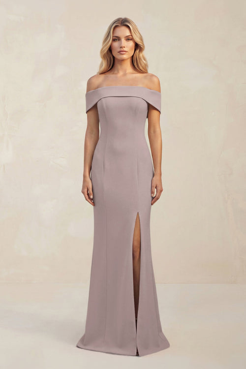 Sheath Off - the - Shoulder Satin Bridesmaid Dress With Slit in Almond - KissProm Bridesmaid Dresses